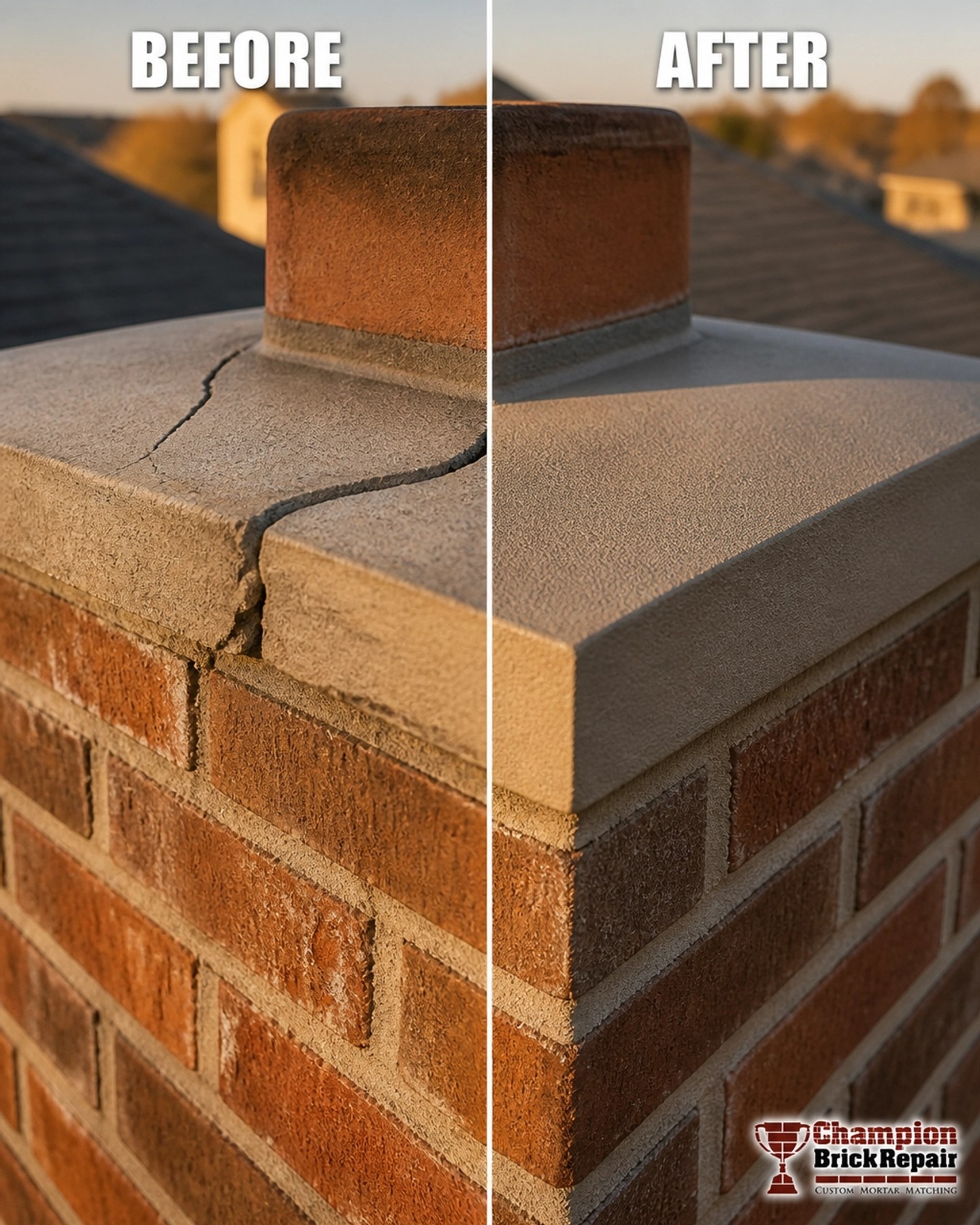 Chimney crown rebuild in Irving TX: cracked concrete crown before, smooth rebuilt crown after