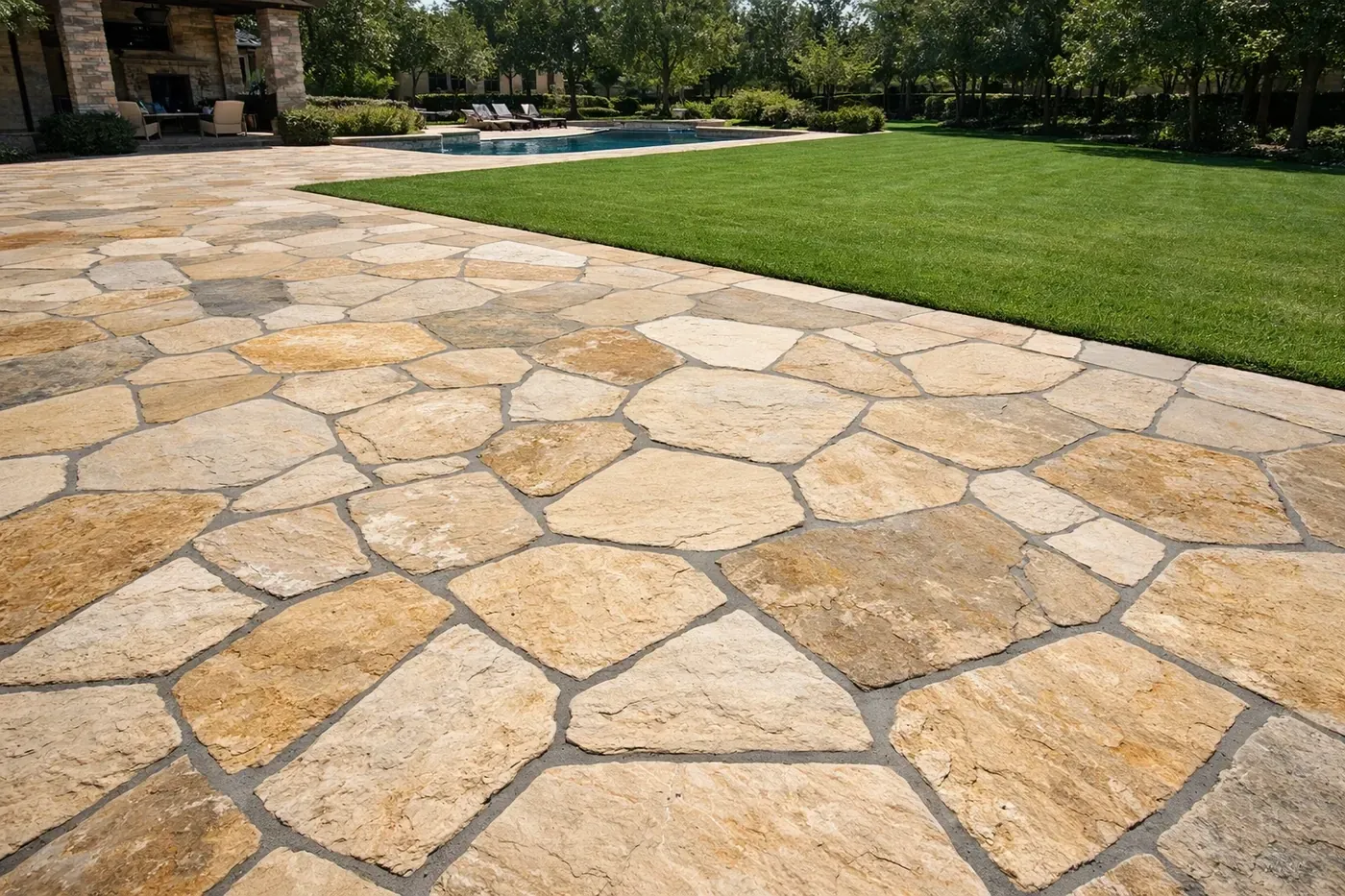 Professional stone patio installation in Dallas featuring luxury flagstone and expert masonry craftsmanship.