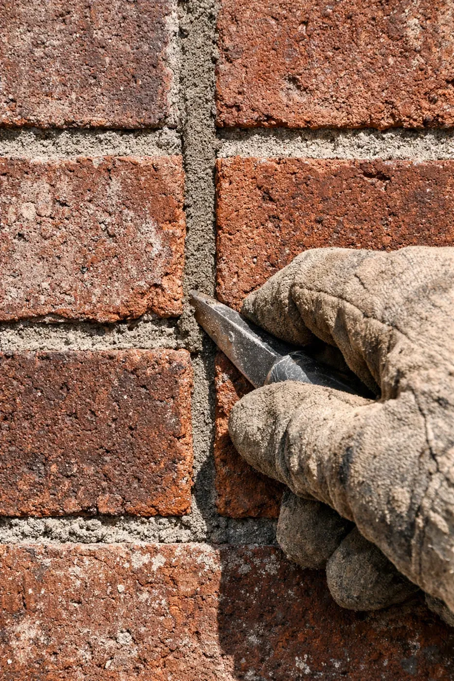 Professional brick crack repair in Dallas TX showing a mason tuckpointing a residential brick wall.