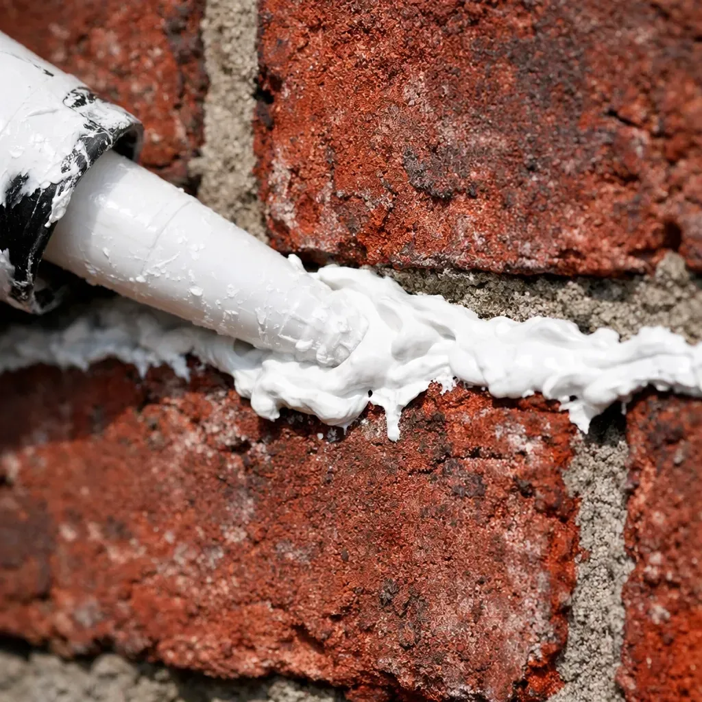 Incorrect brick crack repair using white caulk on red brick wall in Dallas home