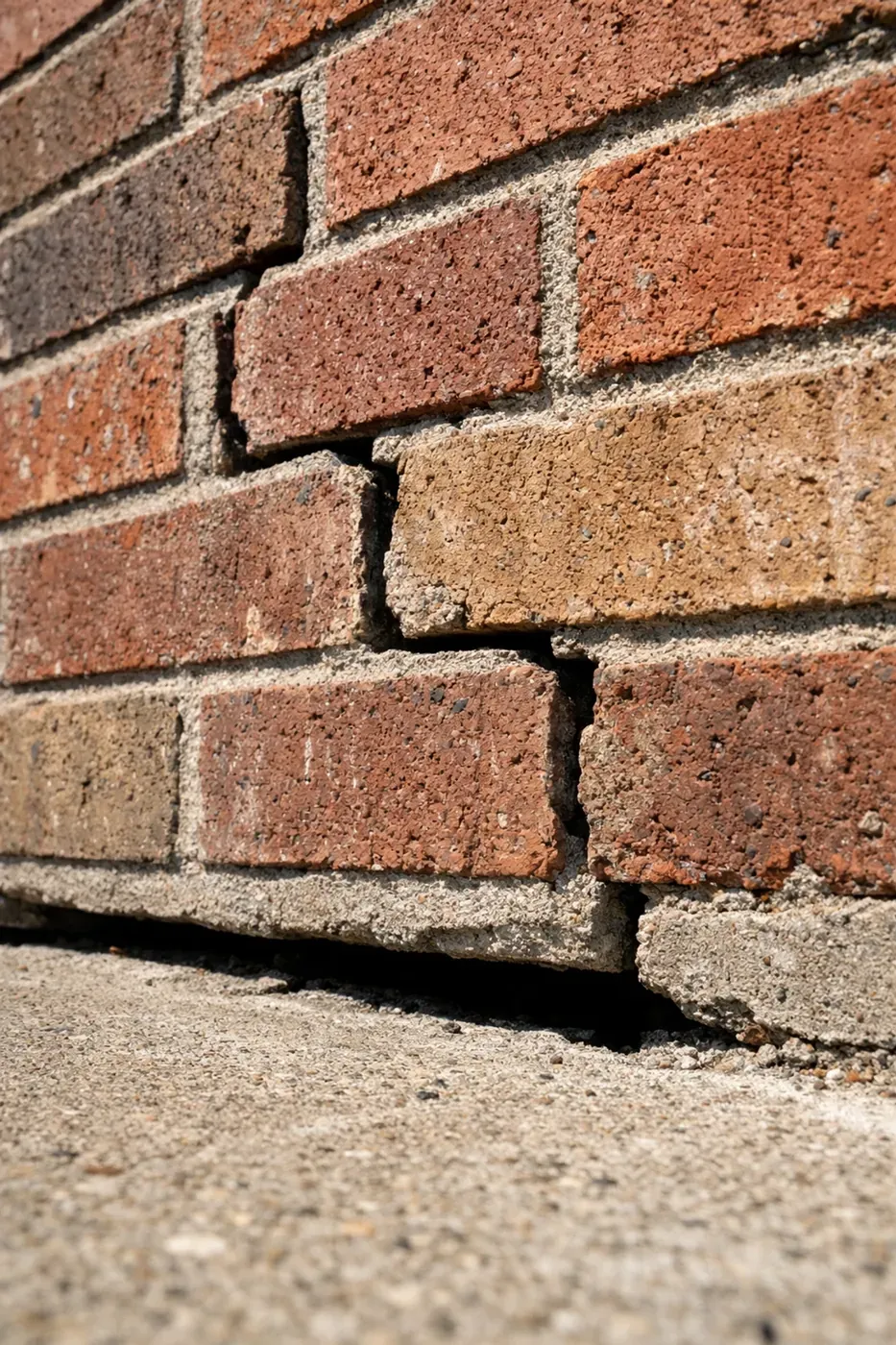 Structural stair-step crack in Dallas brickwork indicating foundation movement and the need for masonry repair.