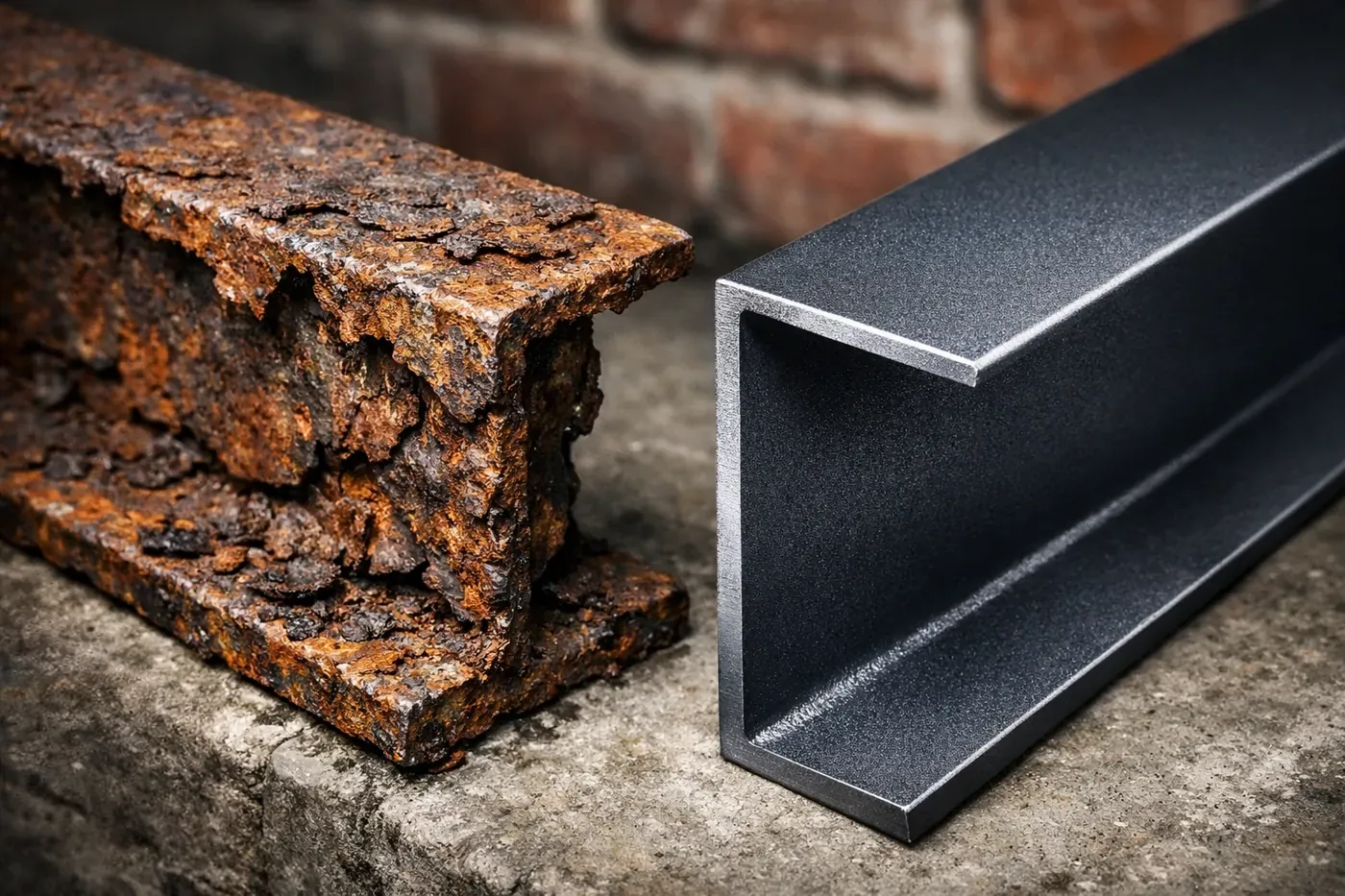 Corroded steel lintel compared to new engineered lintel for garage door repair in Dallas
