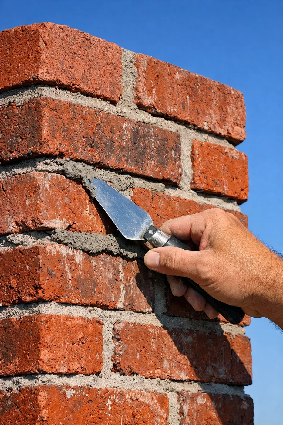 Dallas chimney repointing and brick repair showing a professional technician applying fresh mortar.