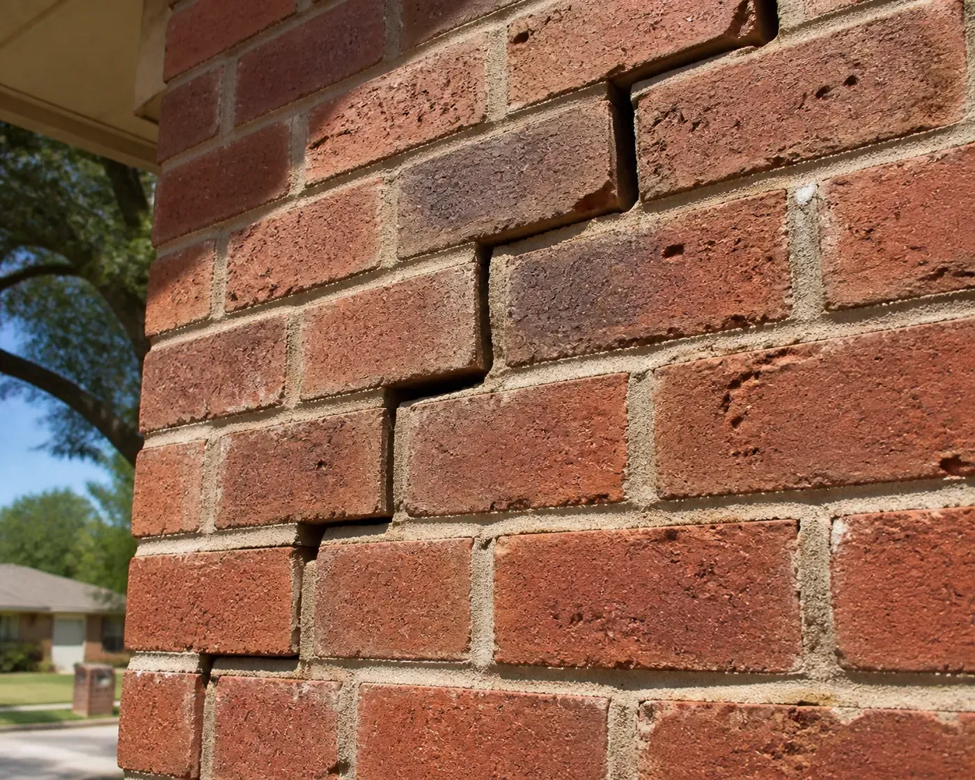 Stair-step brick wall cracks caused by expansive Dallas gumbo soil and foundation movement.