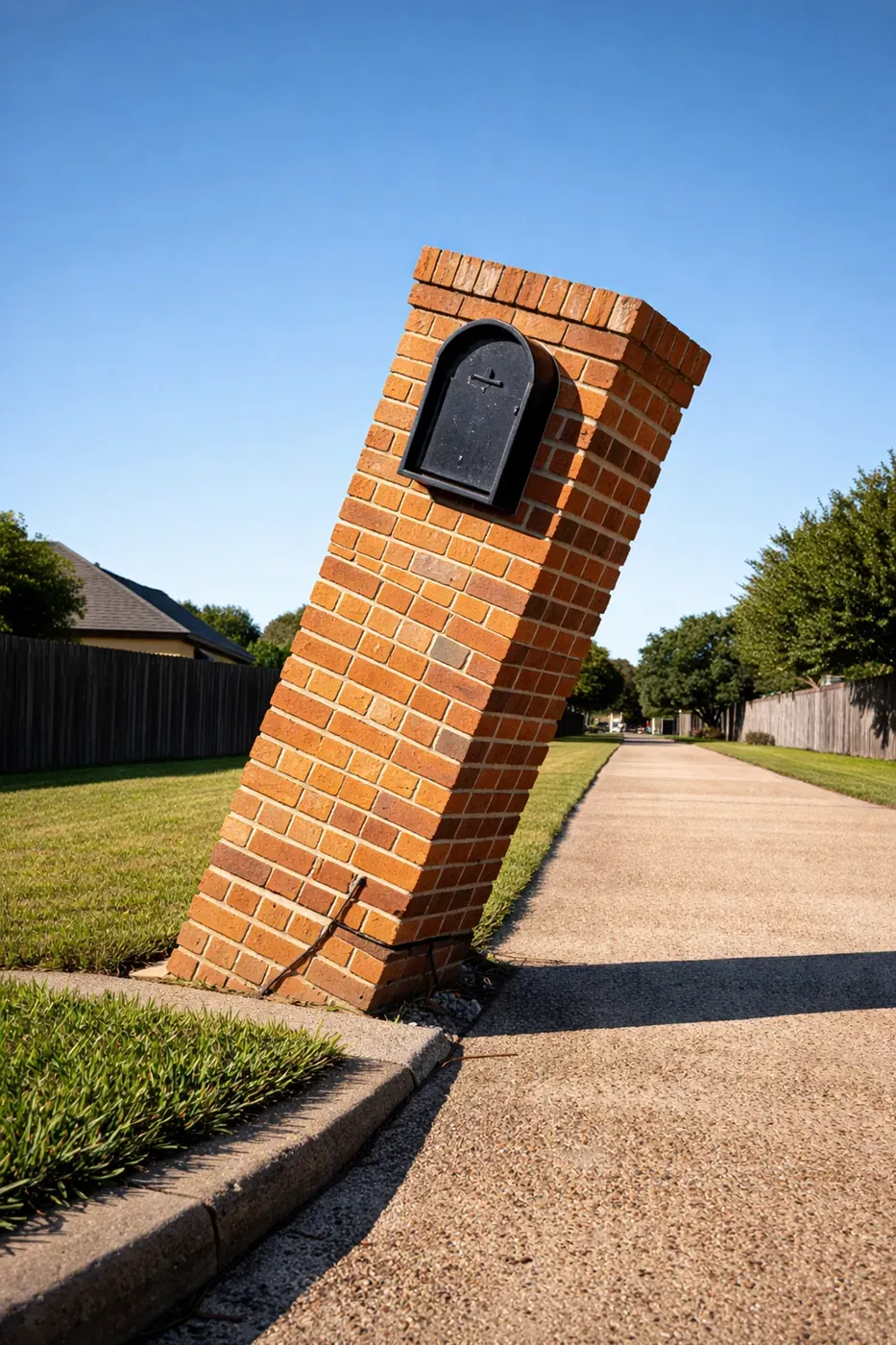 Leaning brick mailbox with diagonal mortar cracks needing repair in a Dallas suburb