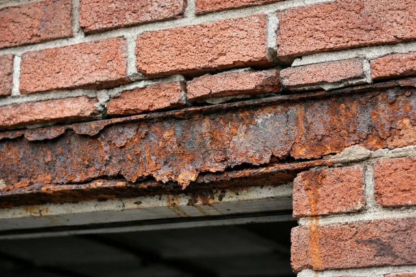 Failed garage lintel with rust stains and sagging brickwork above door opening