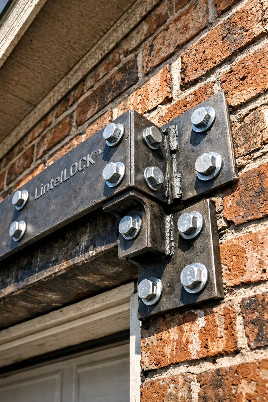 LintleLOCK system installation fixing a sagging garage door lintel and restoring brick structural integrity.