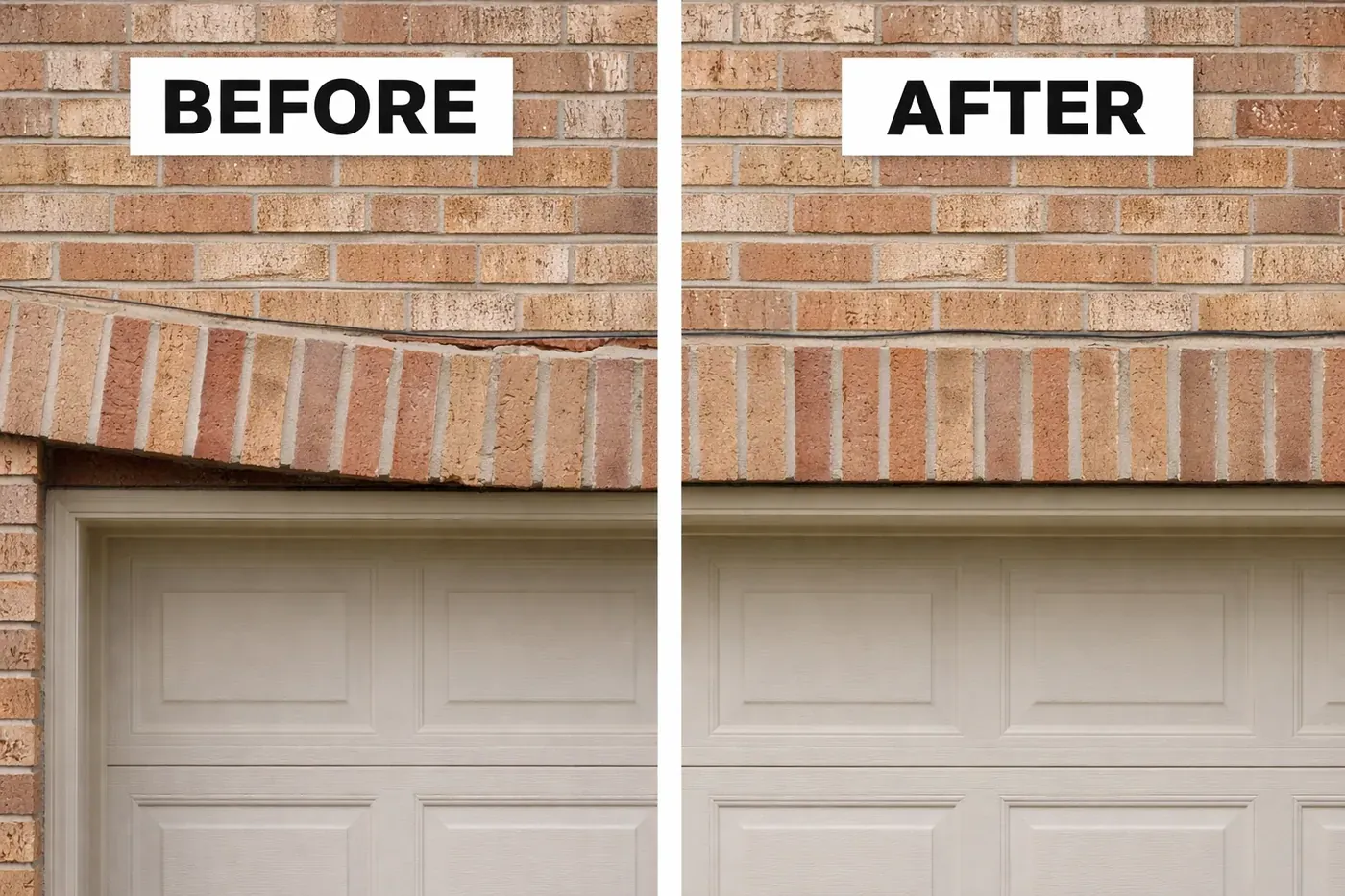 Before-and-after of sagging versus repaired garage lintel to illustrate cost-effective permanent lintel repair