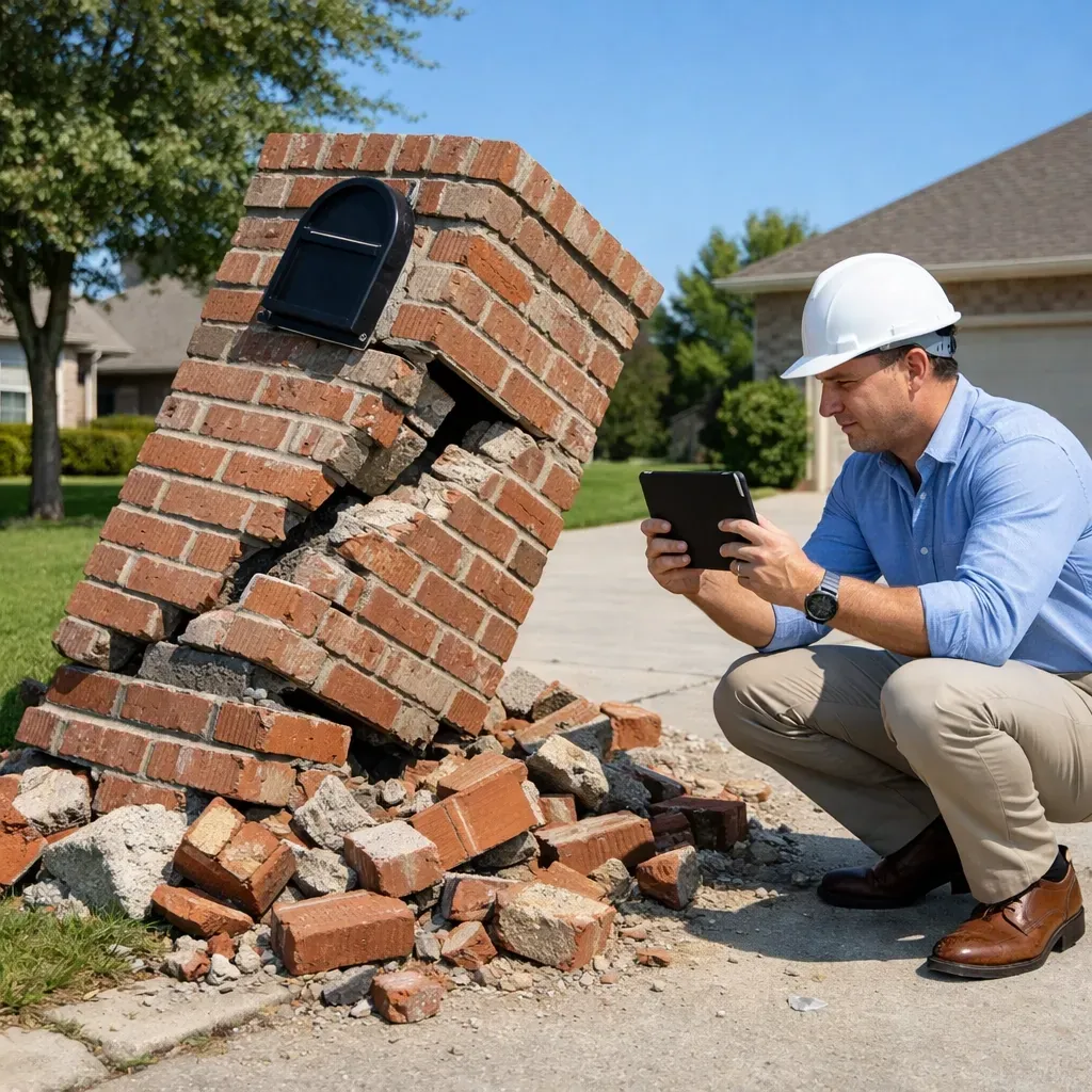 Insurance adjuster inspecting vehicle impact damage to brick mailbox structure
