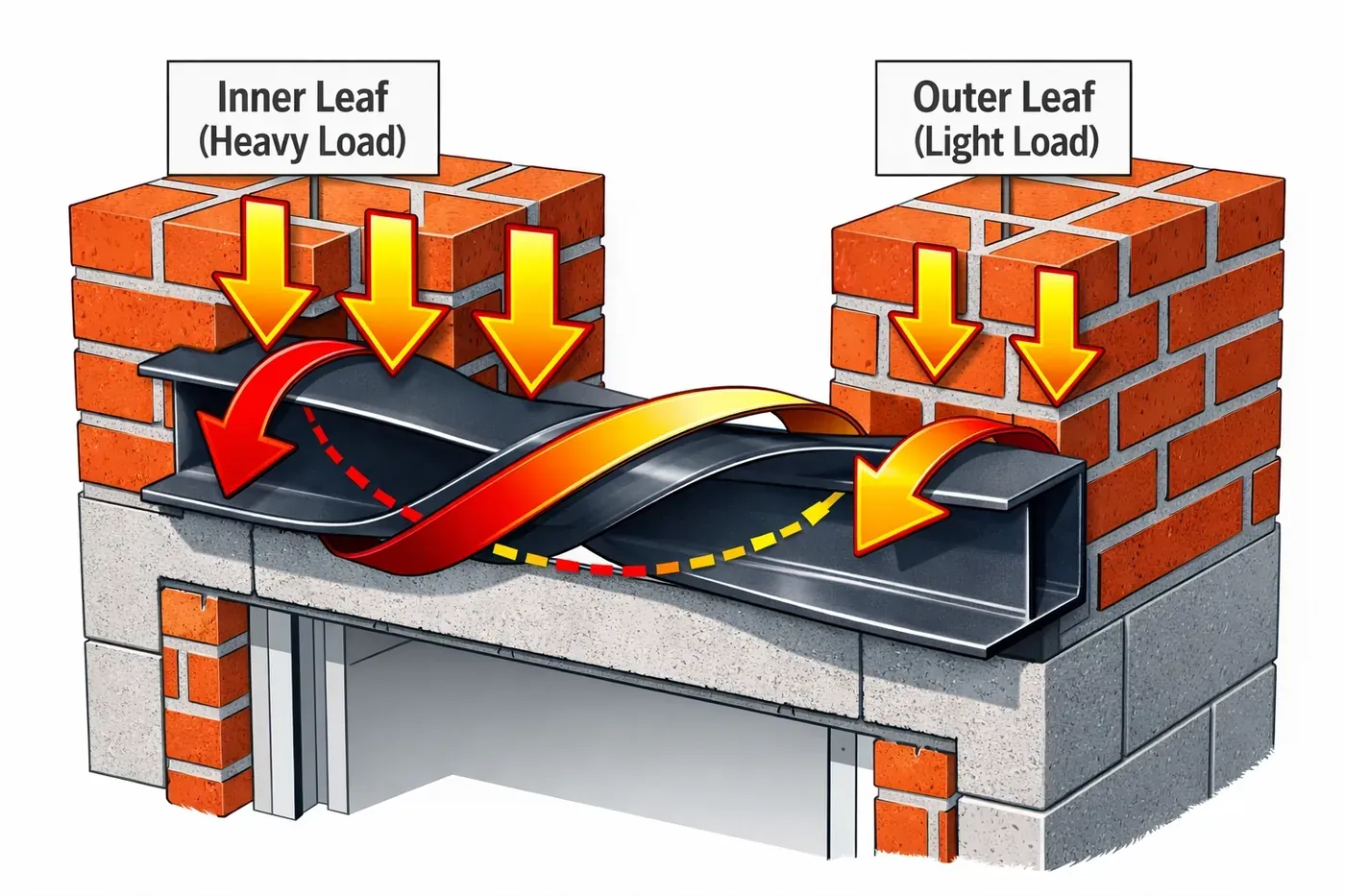 Cross-section diagram of garage lintel twisting from unequal load distribution in cavity wall