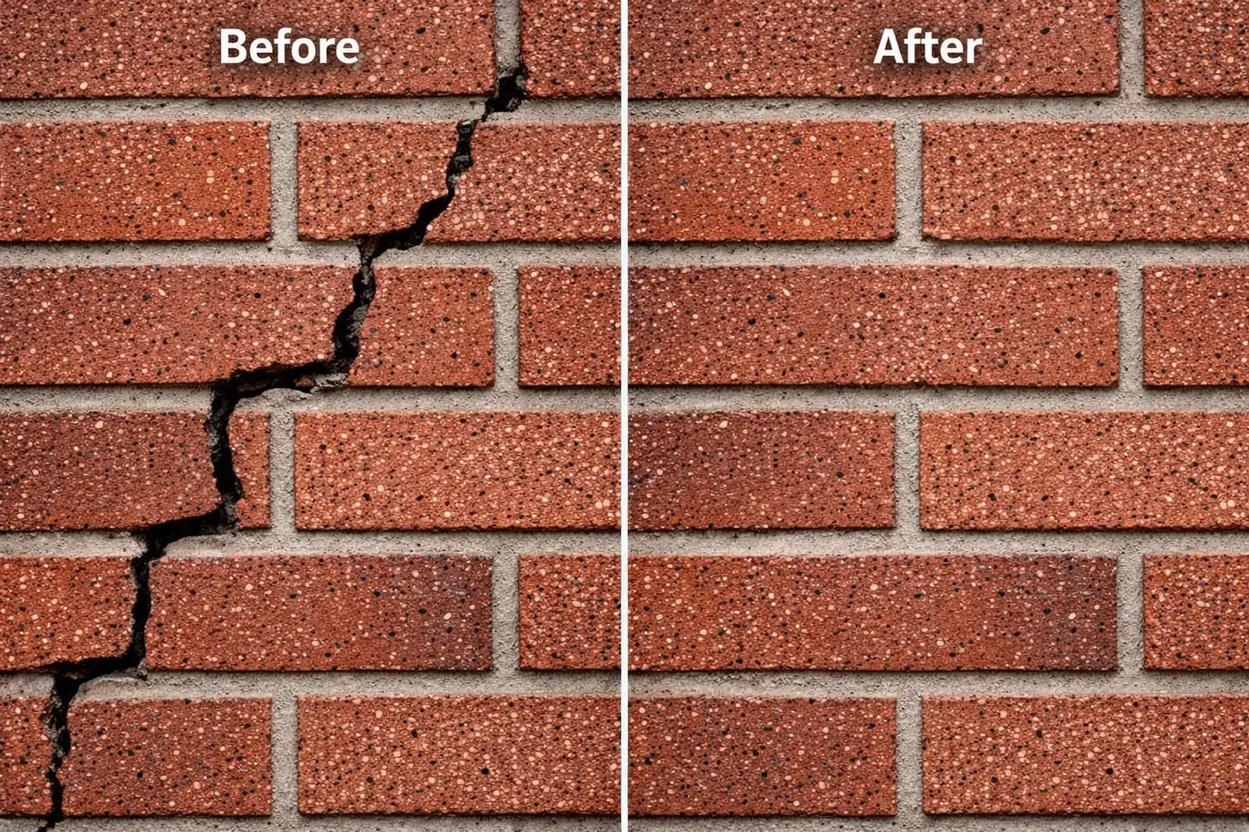 
![Expert brick crack repair near me showing a seamless mortar match on a stair-step crack in Dallas.