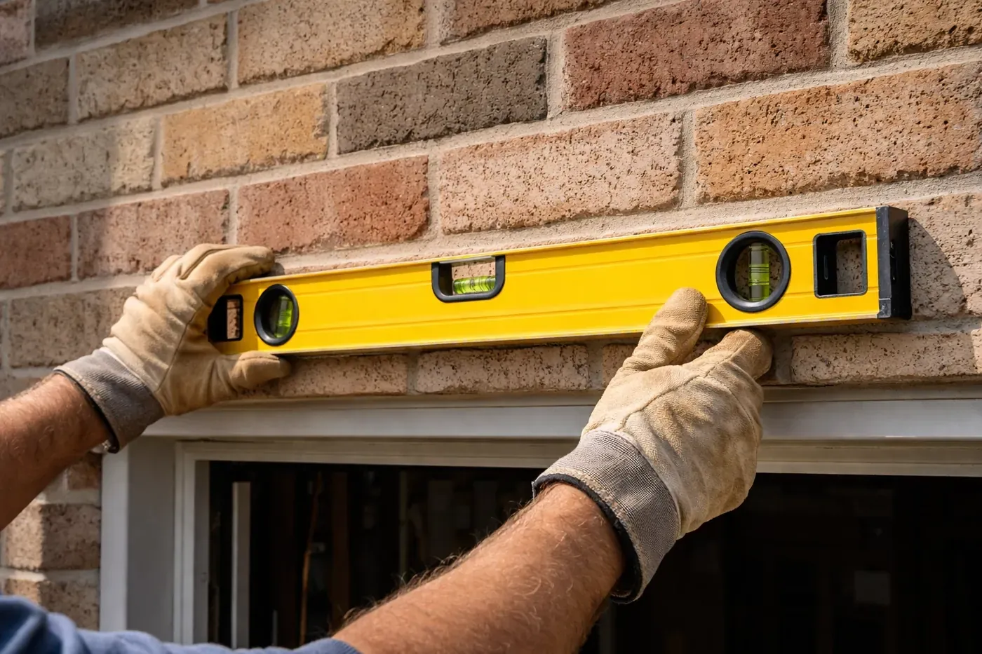 Mason using a level tool above a garage brick wall, checking for lintel sag, expert brick repair in progress