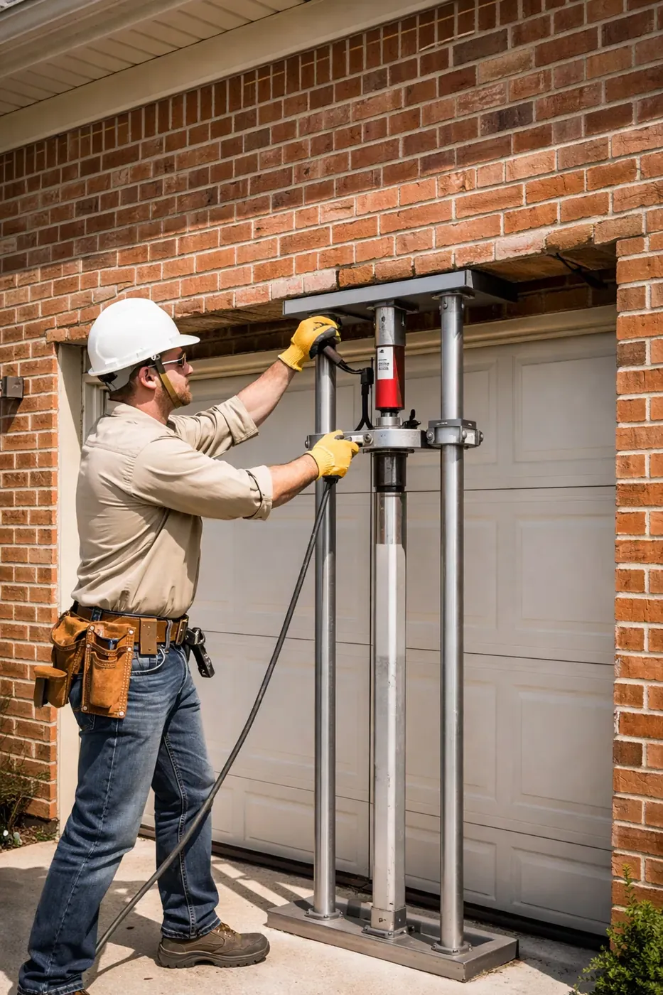 Professional mason using hydraulic equipment to repair a sagging garage door lintel in Dallas