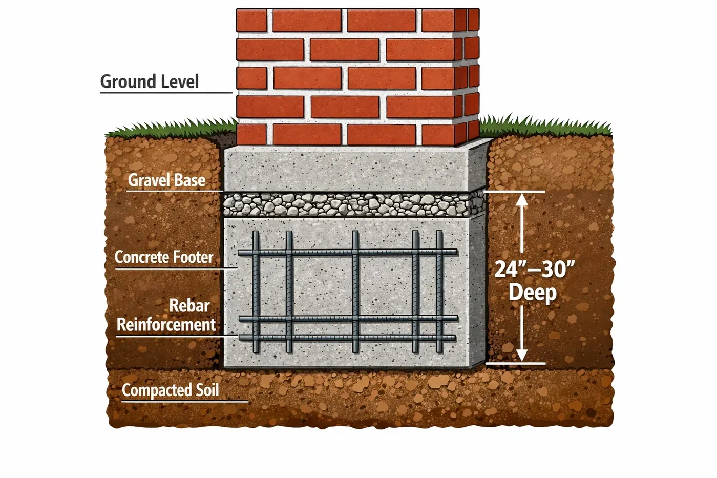 Cross-section diagram showing proper brick mailbox foundation layers with rebar and concrete