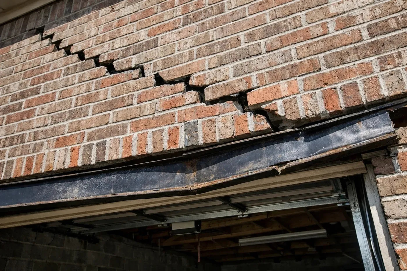Severe rotational lintel failure and stepped brick cracks above a Dallas garage door showing torsional twisting.
