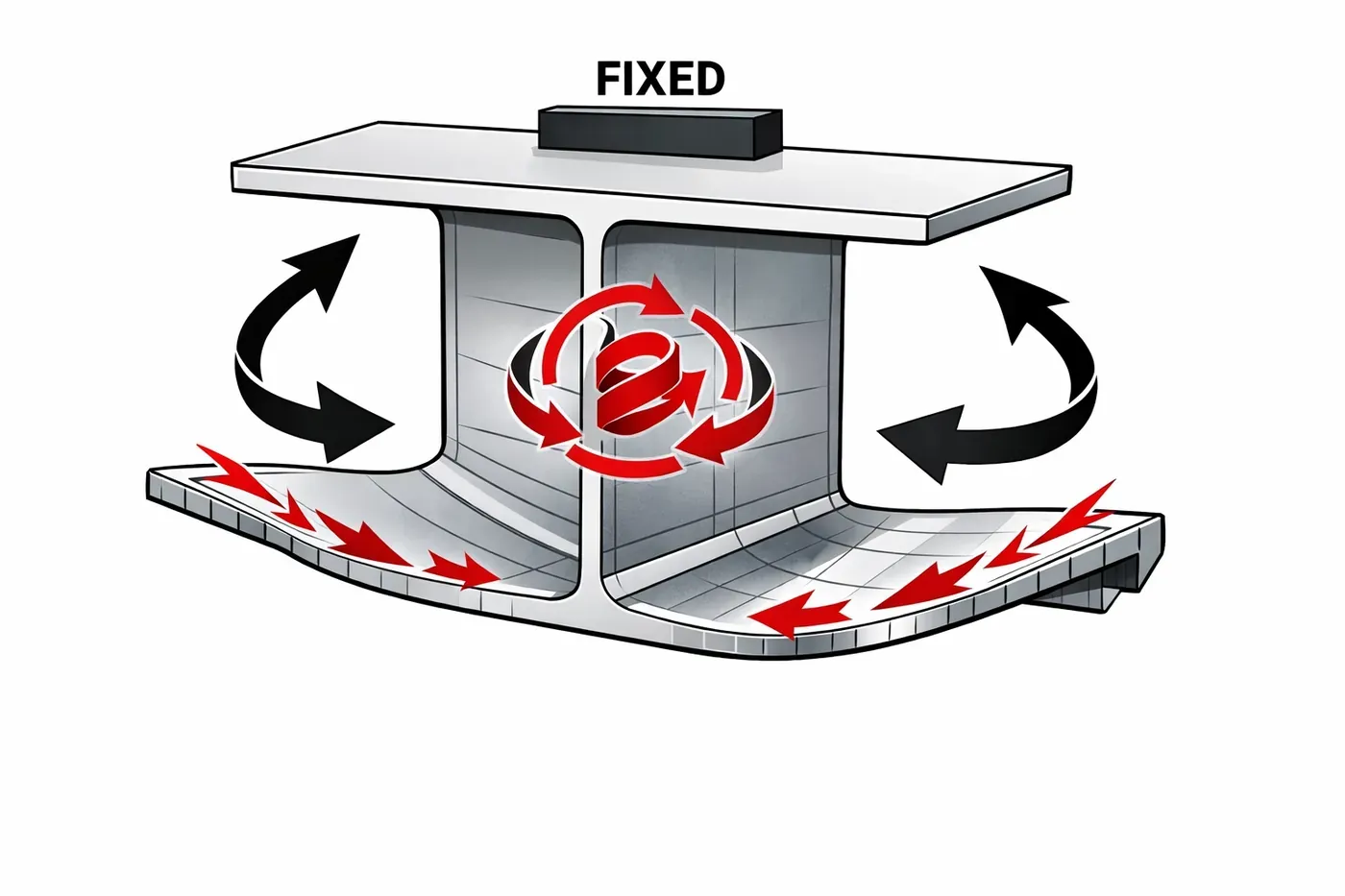 Diagram showing torsional lintel failure with steel beam rotating and twisting under stress