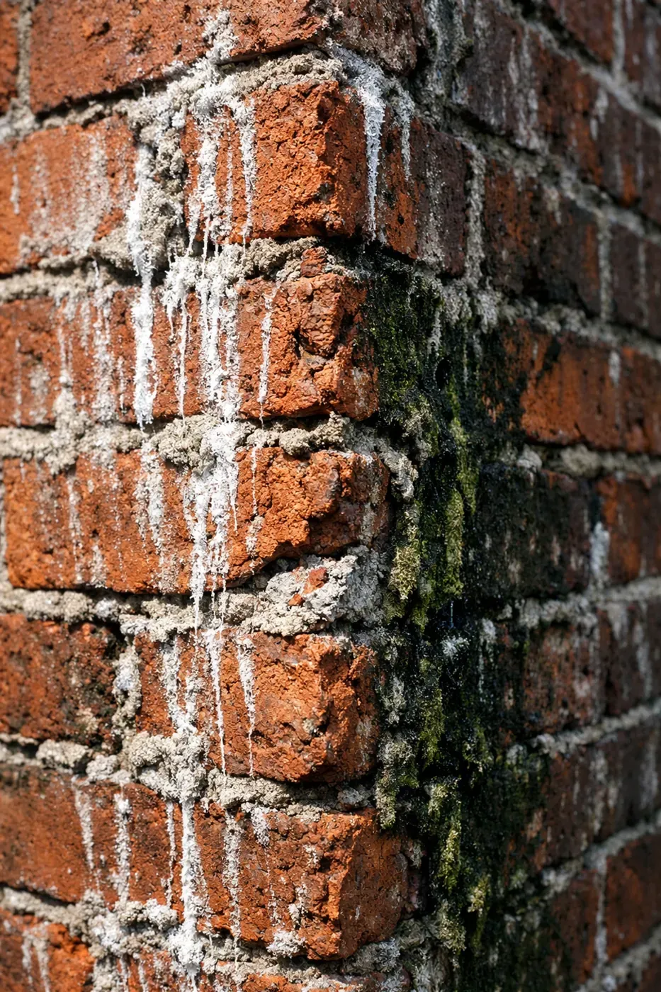 Brick wall with efflorescence, mortar damage, and mold from poor drainage