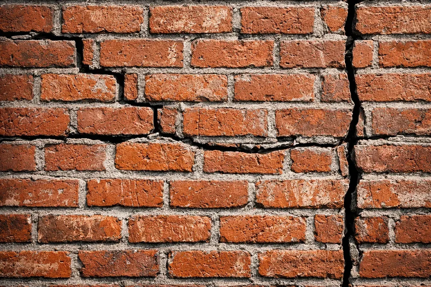 Brick wall showing stair-step cracks and structural damage from lintel failure