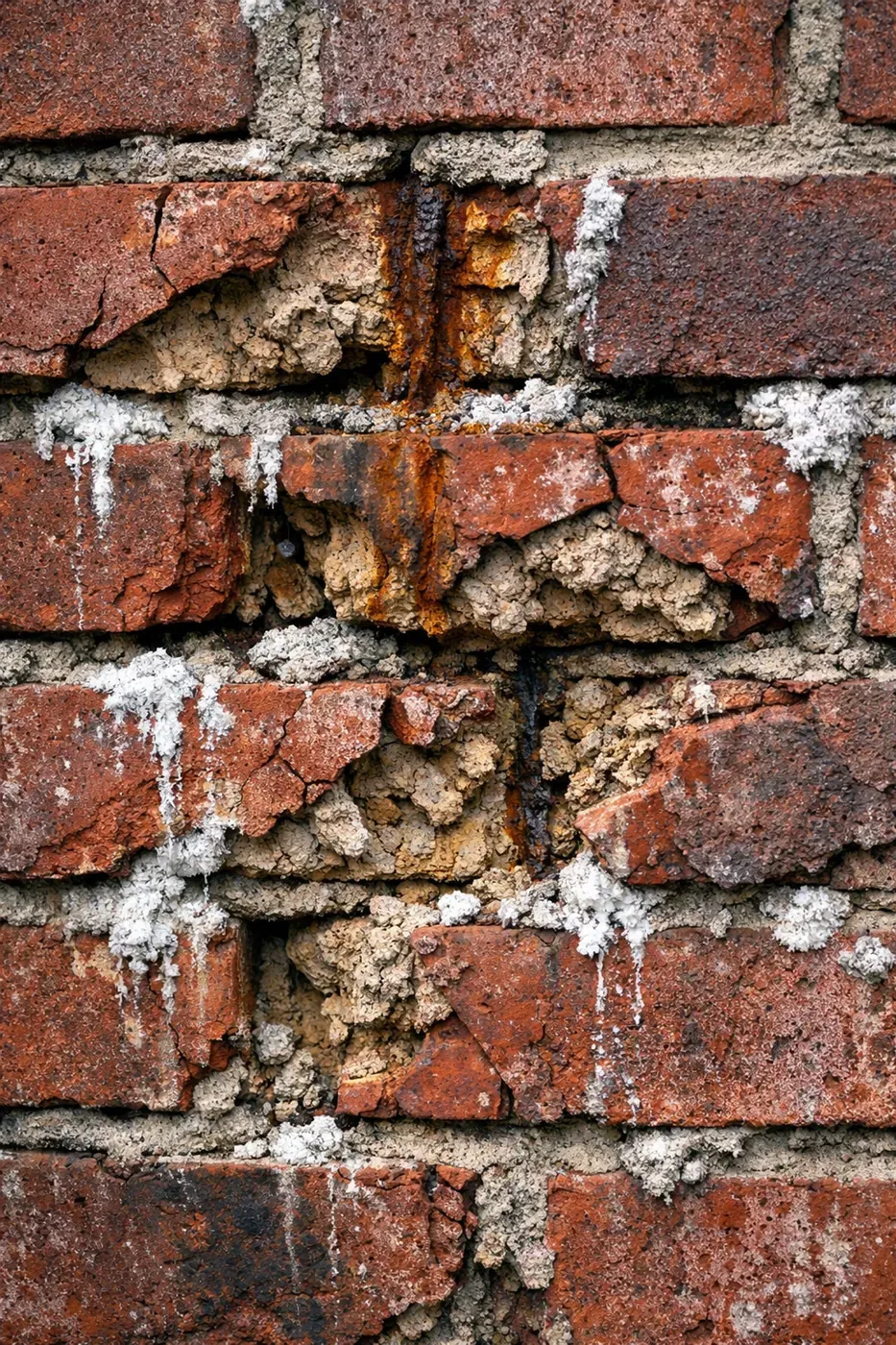 Severe brick spalling showing peeling faces, rust stains, and water damage on North Texas home