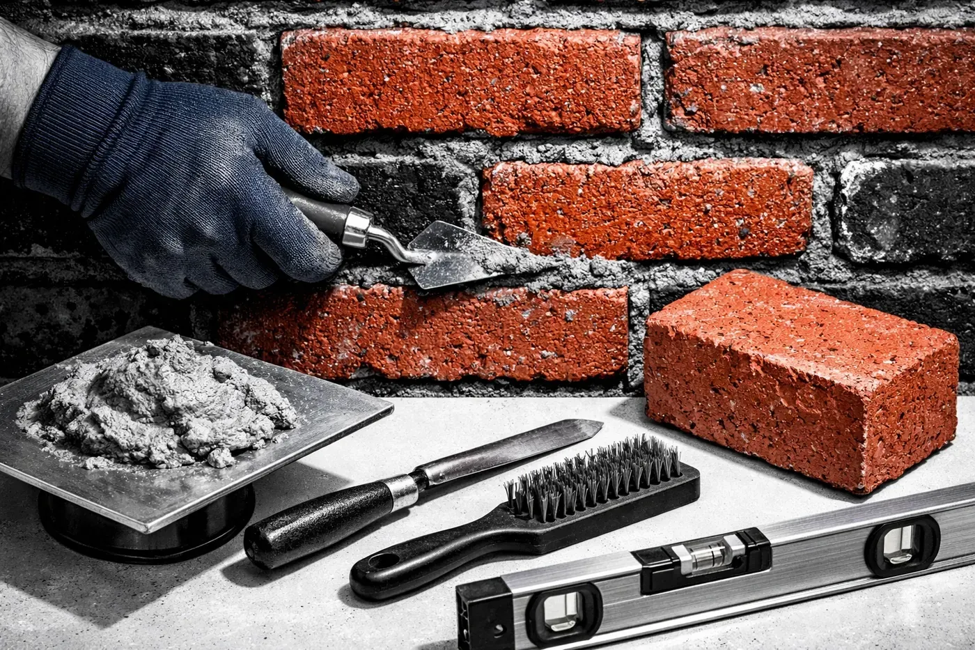 Professional masonry trowel applying mortar for brick repair and replacement