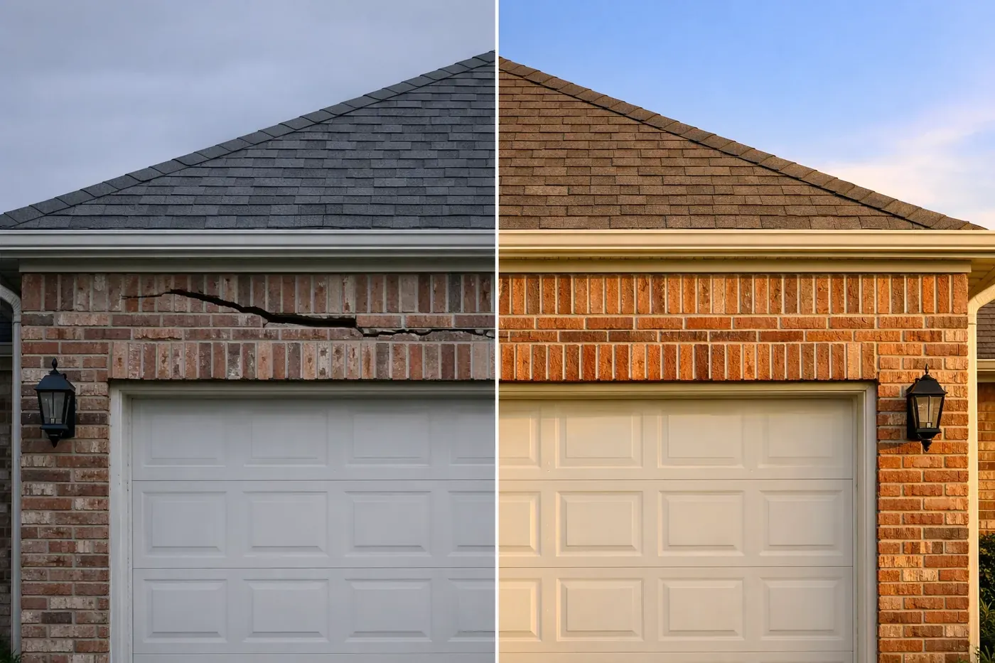 Before and after garage lintel repair comparison showing crack elimination