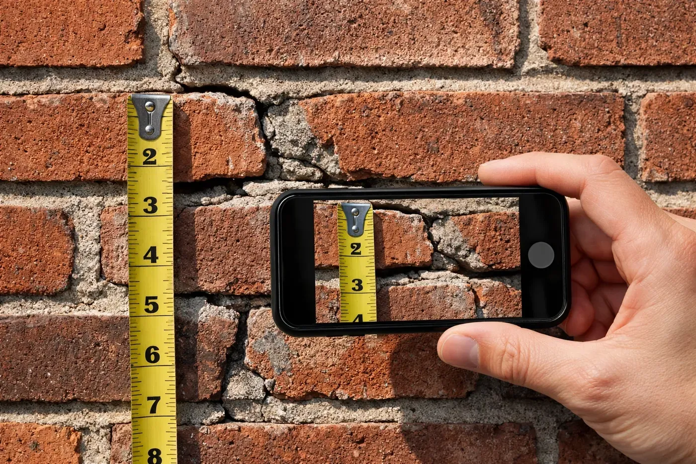 Homeowner documenting brick wall damage with smartphone for insurance claim