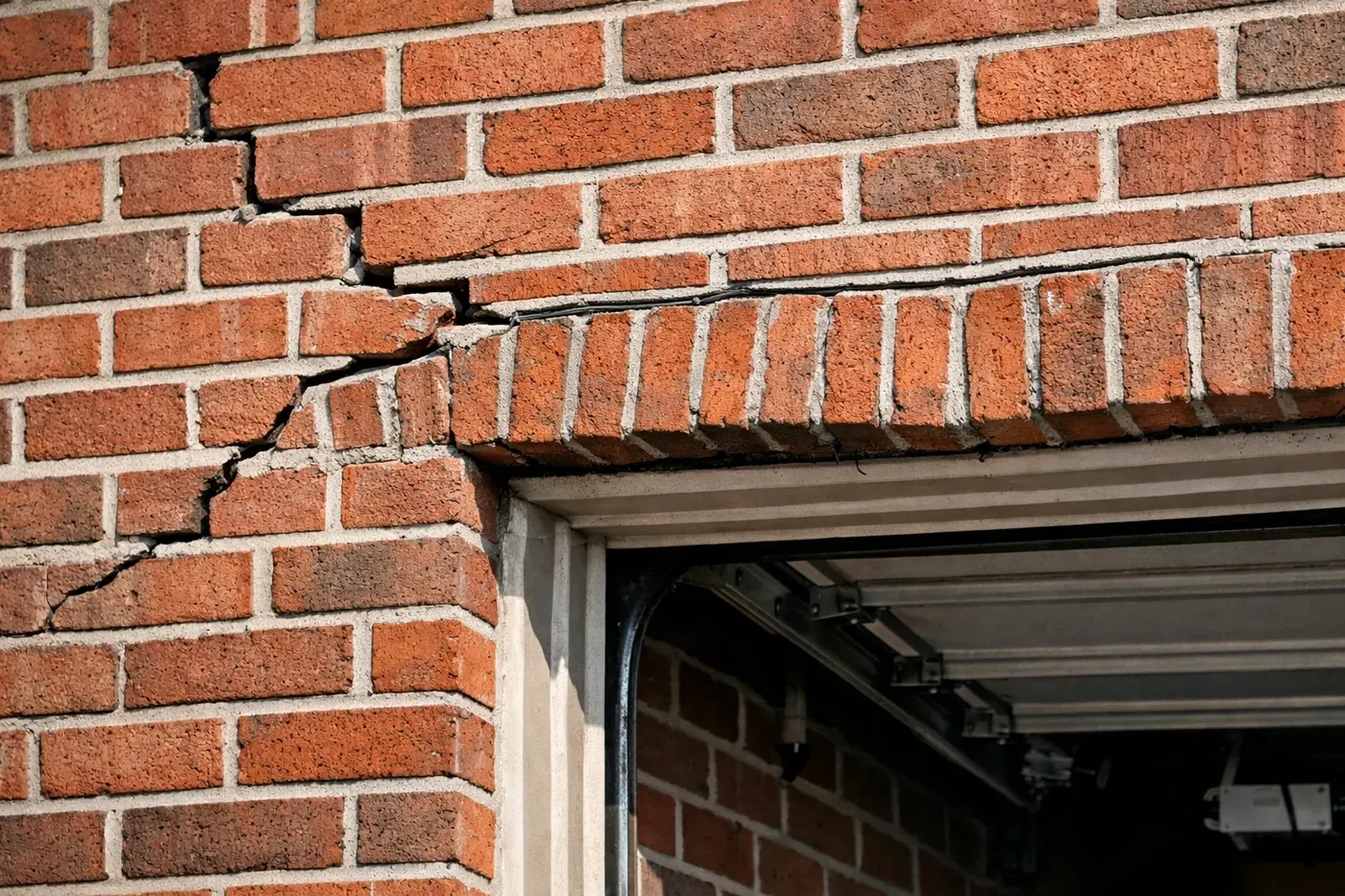 Stair-step cracks and bulging brick above garage door caused by rotating lintel in Dallas home
