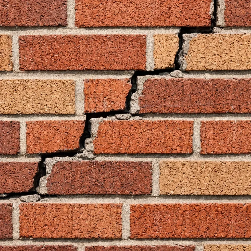 Stair-step crack pattern in brick wall mortar joints showing diagonal zigzag damage