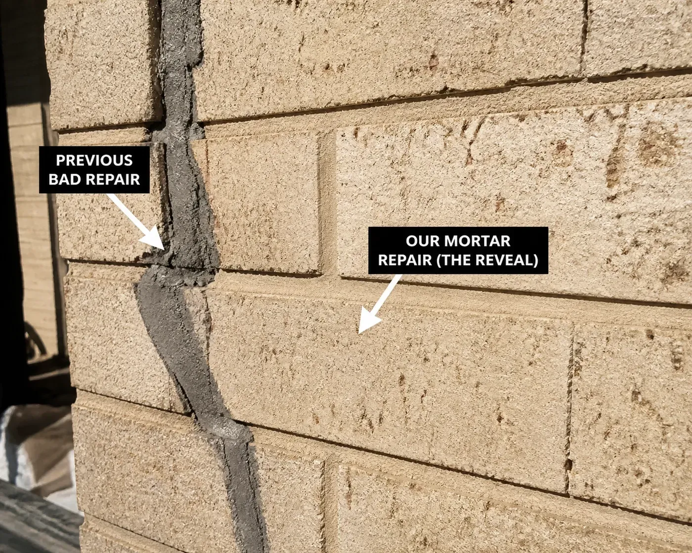Professional custom mortar matching in Dallas compares seamless masonry repair to a mismatched patch.