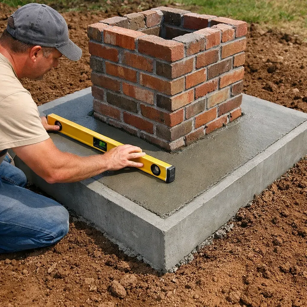 Worker leveling brick mailbox foundation on all sides during Dallas repair installation
