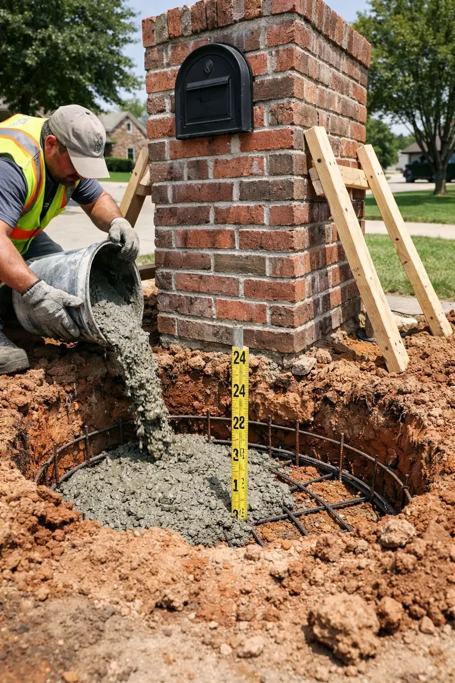 Worker pouring concrete around brick mailbox base showing 360-degree foundation repair in Dallas