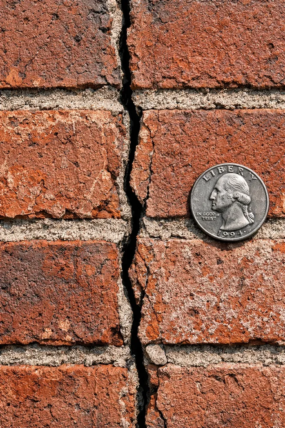 Vertical crack in brick wall with quarter coin showing scale of structural damage