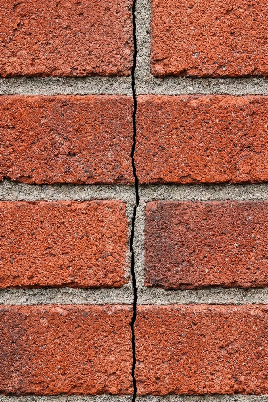 Hairline vertical crack in brick wall showing cosmetic vs structural damage comparison