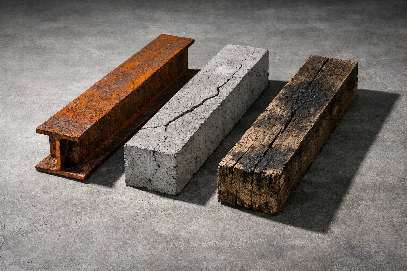 Three damaged garage lintel types: rusted steel, cracked concrete, and rotted wood beams
