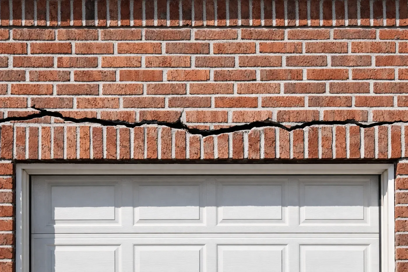 Horizontal brick crack above a Dallas garage door showing signs of structural lintel failure.
