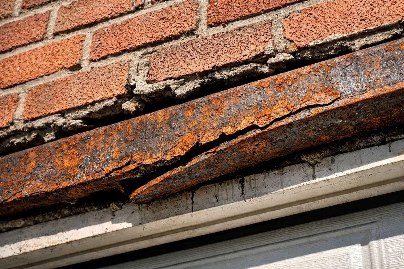 Rusted sagging garage lintel showing structural masonry failure and gaps above a Dallas garage door.