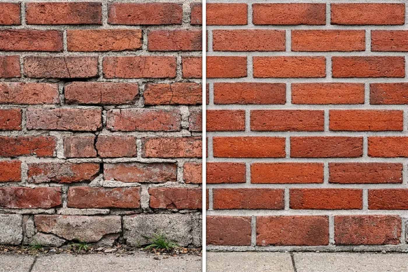Before and after comparison of brick wall repointing and mortar joint repair