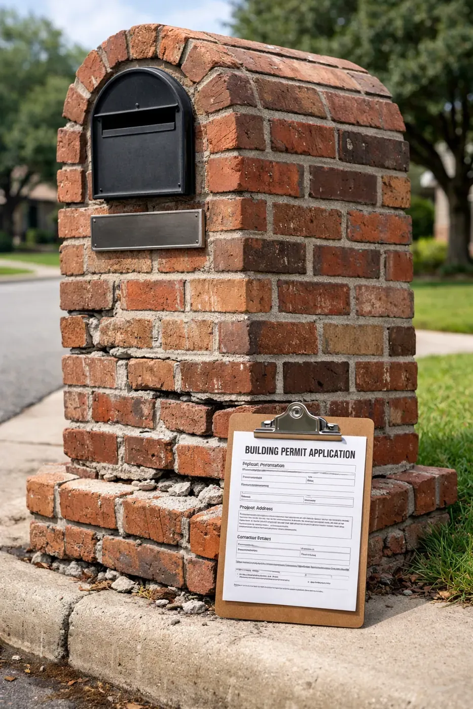 Damaged brick mailbox in Dallas with permit application showing mortar deterioration and repair needs